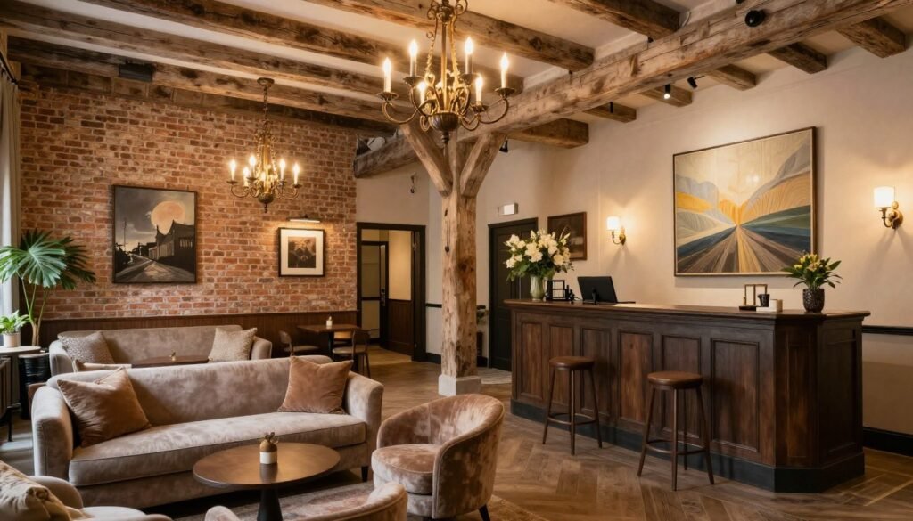 Cozy boutique hotel interior in Bruges with historic elements