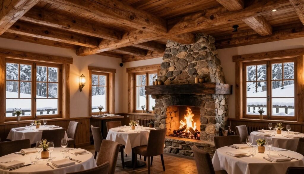 Cozy winter restaurant interior in Balzers with fireplace