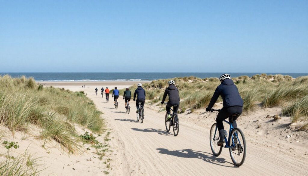Cyclists on the path through dunes heading to Zandvoort beach near Haarlem