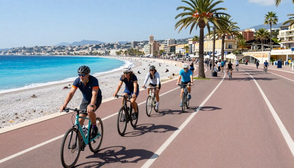 Cyclists riding along the dedicated bike path on the Promenade des Anglais with sea views - things to do in Nice