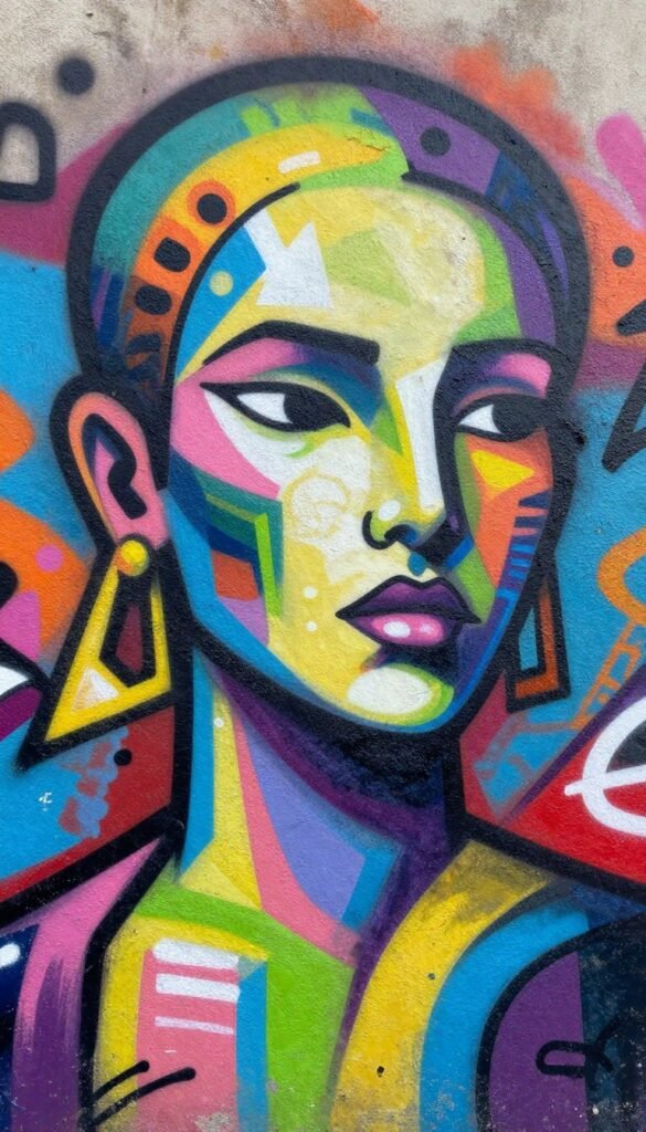 Detail of street art mural showing colorful abstract figure