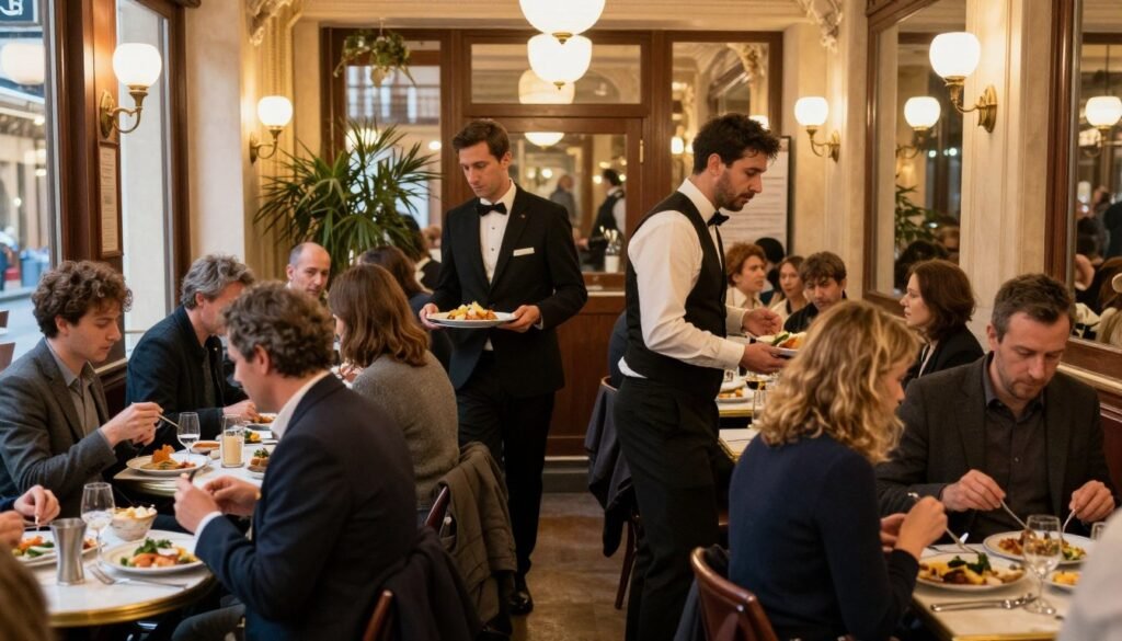 Diners enjoying a meal at a busy restaurant in Paris