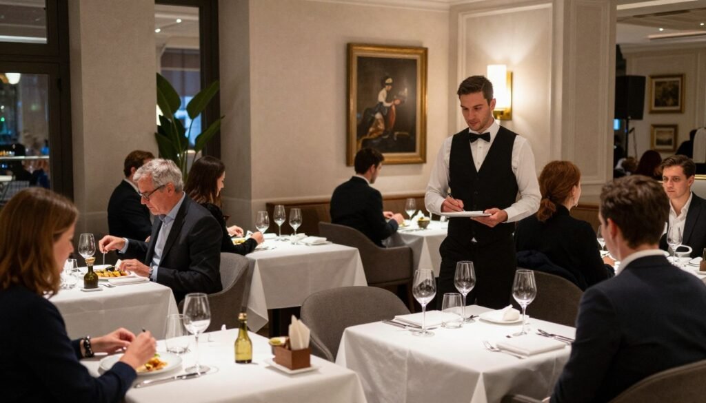 Diners enjoying a meal at an elegant restaurant in Antwerp with proper Belgian dining etiquette