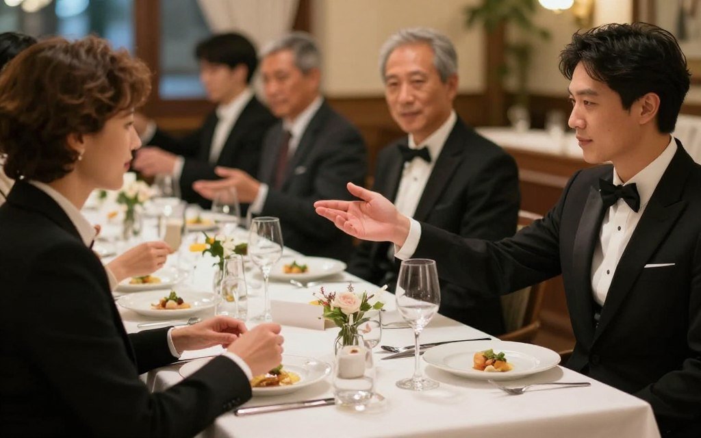 Diners following proper restaurant etiquette at Swiss table