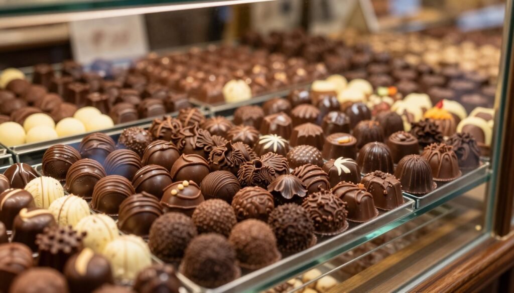 The Best Things to Do in Bruges 4 Display of Belgian chocolates in a Bruges chocolate shop