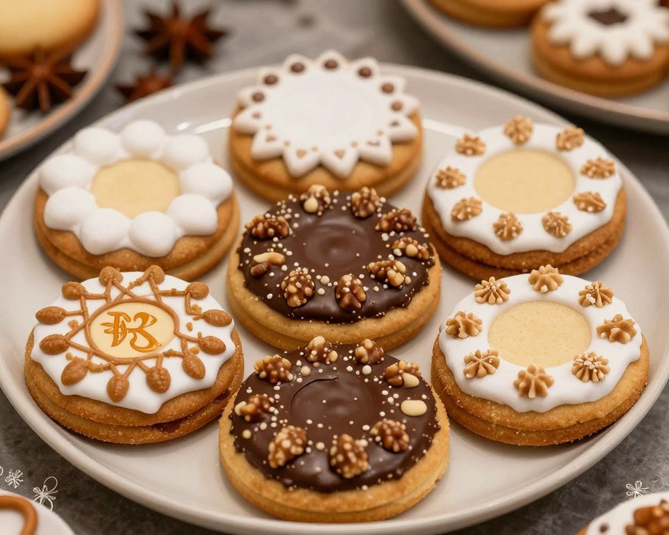Display of traditional Nuremberg lebkuchen gingerbread cookies with various toppings