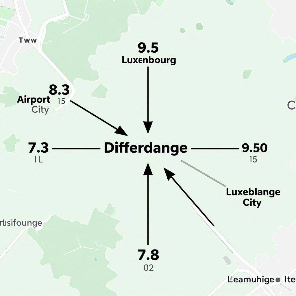 Distance map from Differdange to Luxembourg destinations