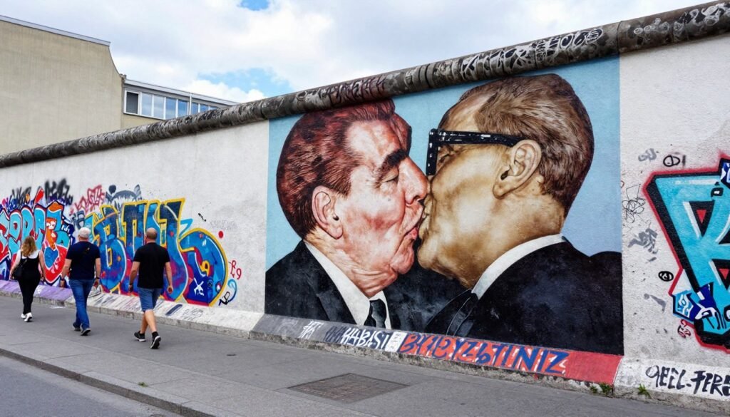 East Side Gallery street art murals on preserved Berlin Wall section with iconic fraternal kiss painting