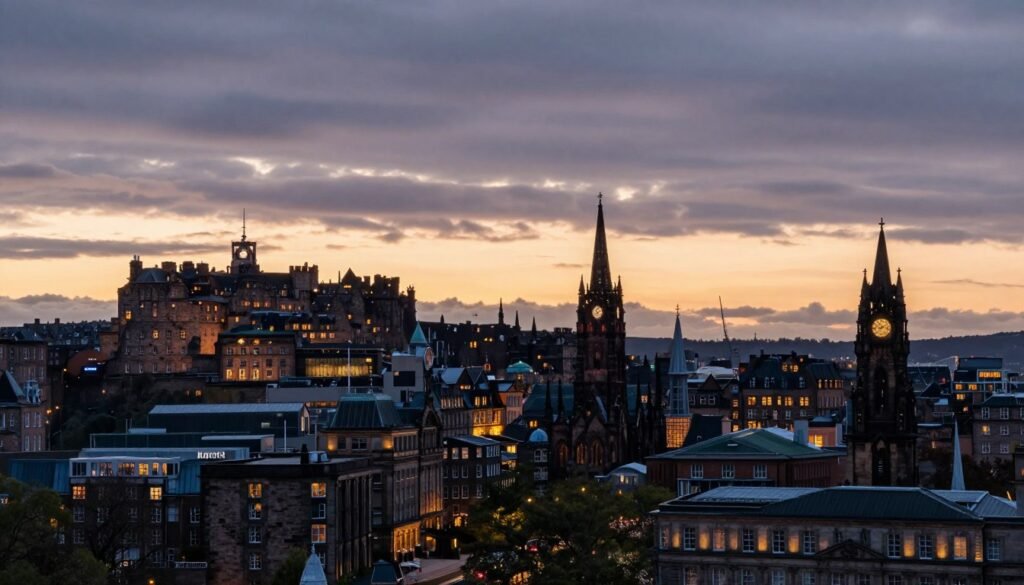 Best Hotels in Edinburgh Scotland 12 Edinburgh skyline at sunset with hotels visible in the best hotels in Edinburgh Scotland