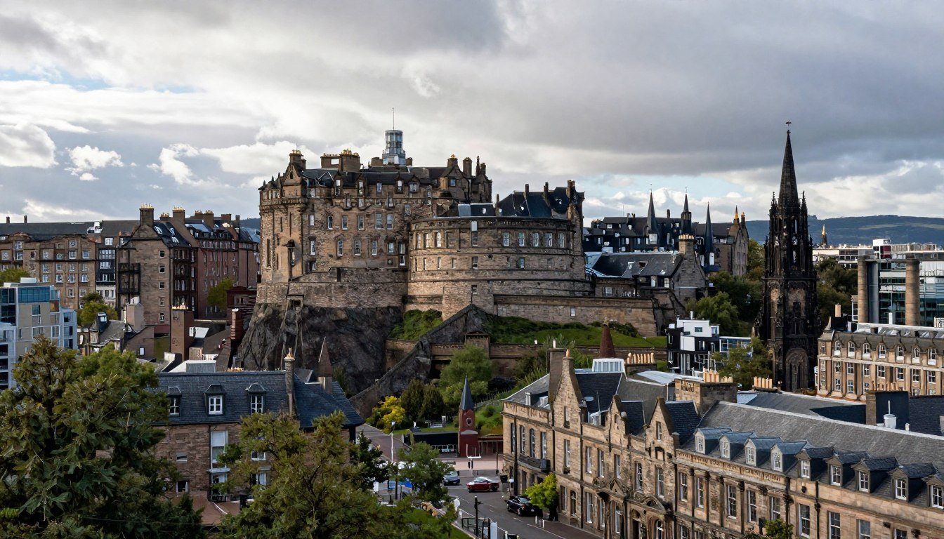 Edinburgh skyline view with Edinburgh Castle and the historic Old Town buildings under dramatic sky