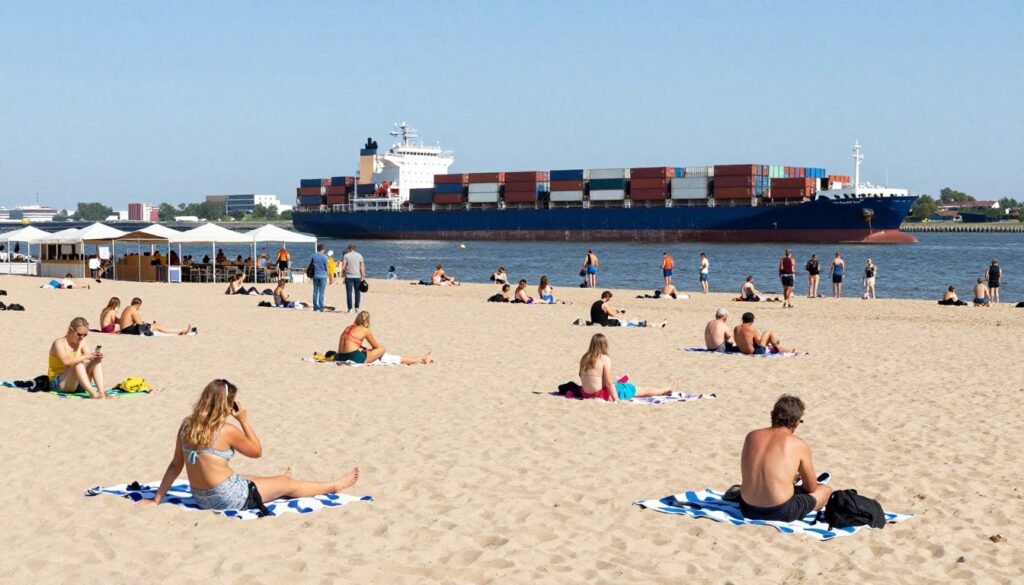 The Best Things to Do in Hamburg 13 Elbe beach with people relaxing, ships passing on river, sunny day