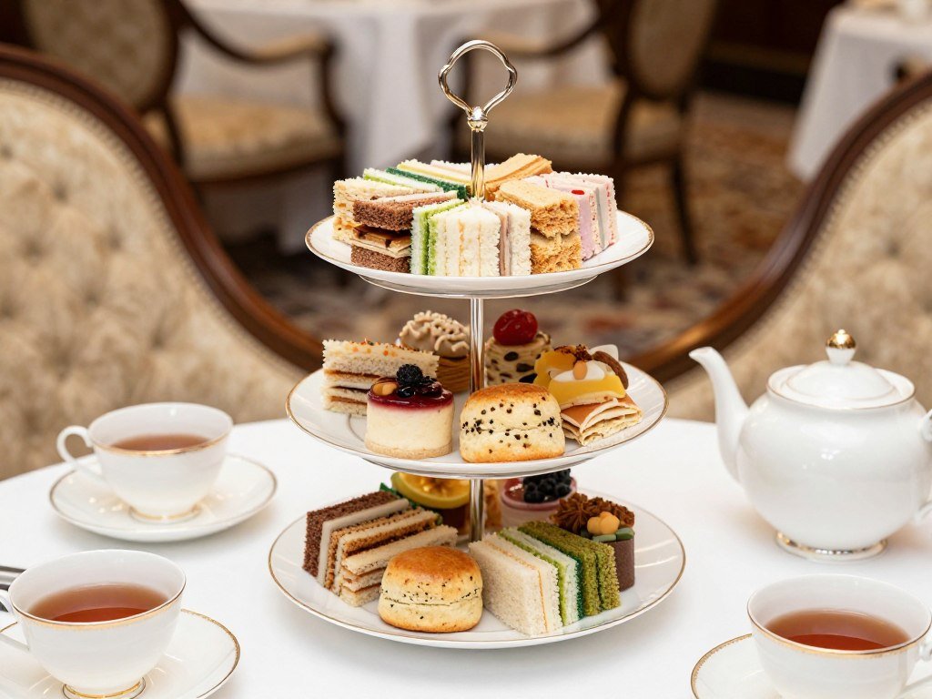 Elegant afternoon tea setting with tiered cake stand, scones and tea - traditional things to do in London
