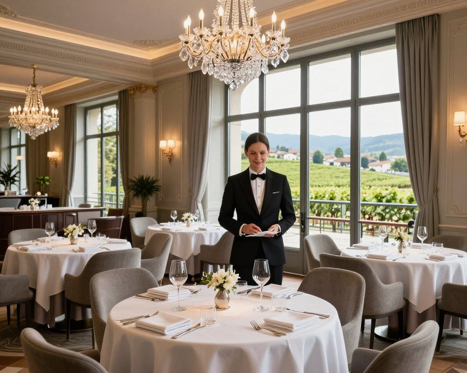 Elegant dining room at Domaine de Châteauvieux with vineyard views