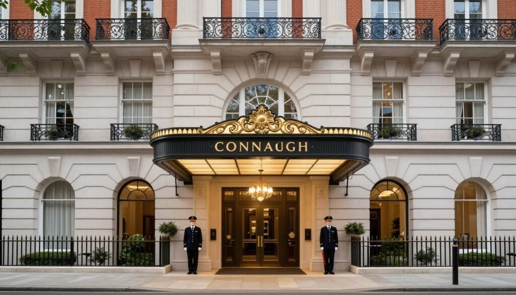 Elegant facade of The Connaught hotel in Mayfair, one of the best hotels in London England