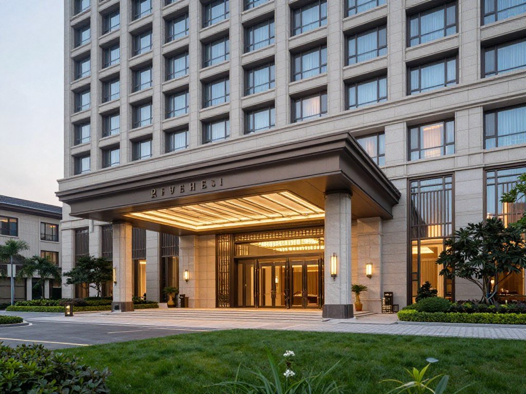 Elegant hotel exterior with sophisticated architecture and landscaping