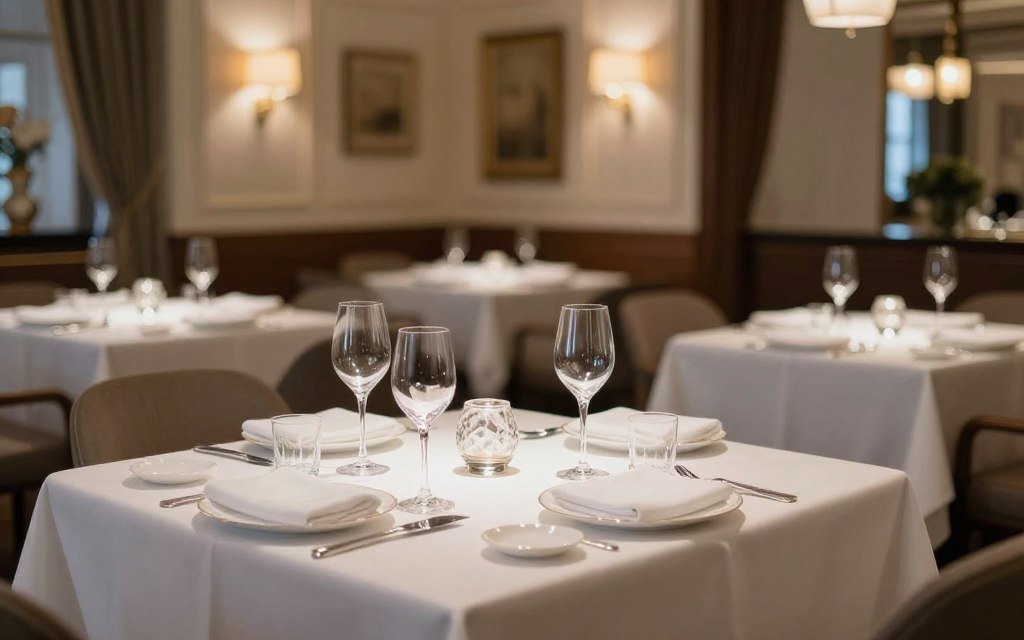 Elegant hotel restaurant dining room with fine table settings