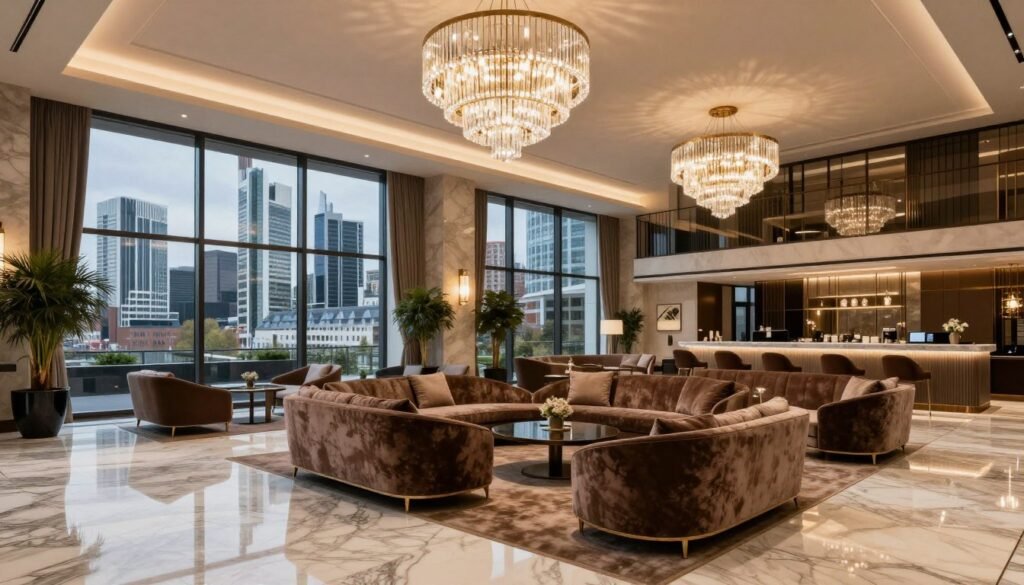 The Best Hotels in Frankfurt 1 Elegant luxury hotel lobby in Frankfurt with marble floors and modern chandeliers