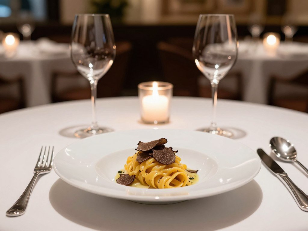 Elegant plated Italian dish at Cômo Restaurant with wine glasses and candlelight