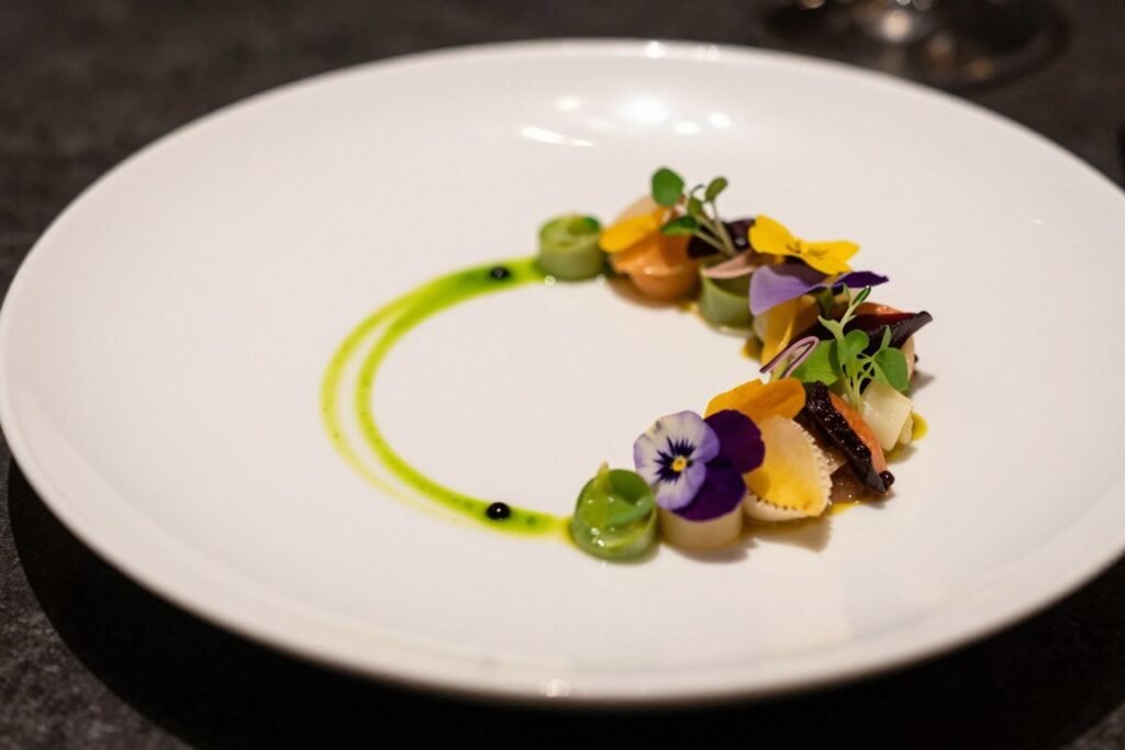 Elegant plated dish at a fine dining restaurant in Antwerp with artistic presentation and garnishes