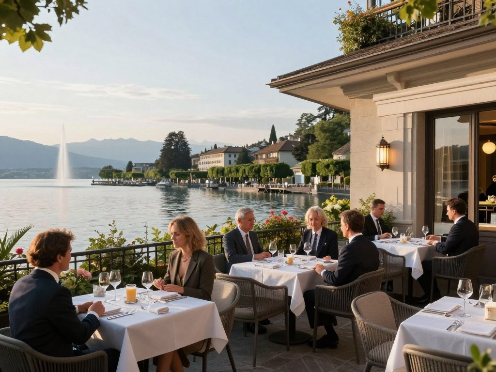 Elegant restaurant terrace in Eaux-Vives with lake views