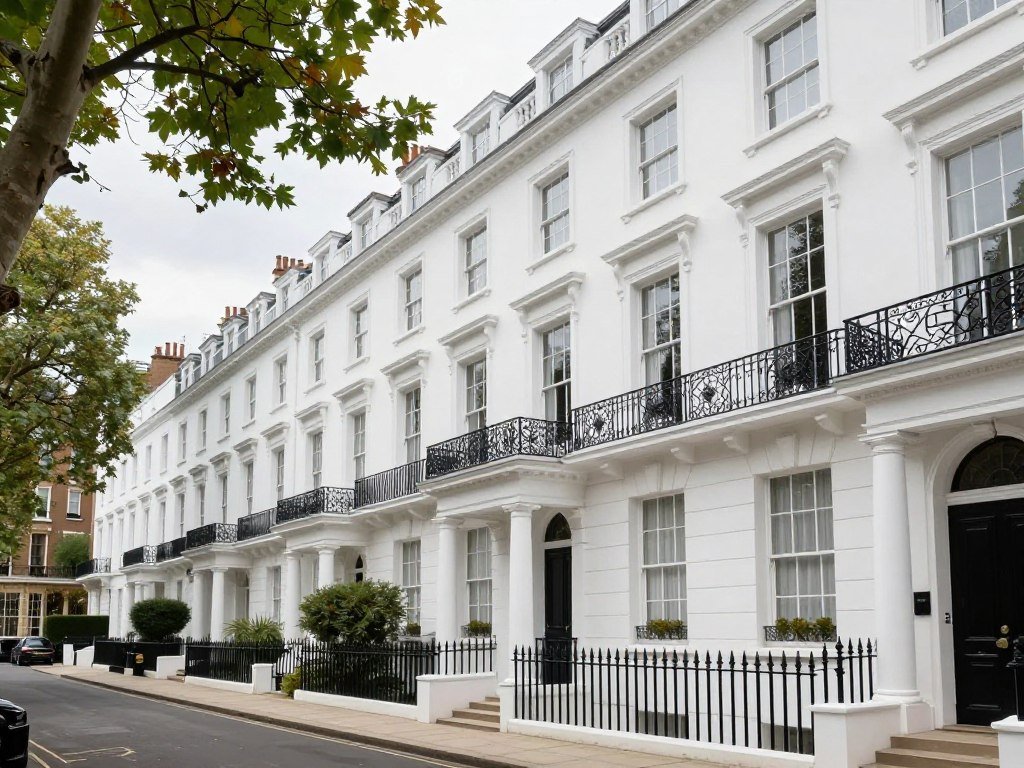 Elegant row of white townhouses in South Kensington with the Natural History Museum visible, area with some of the best hotels in London England