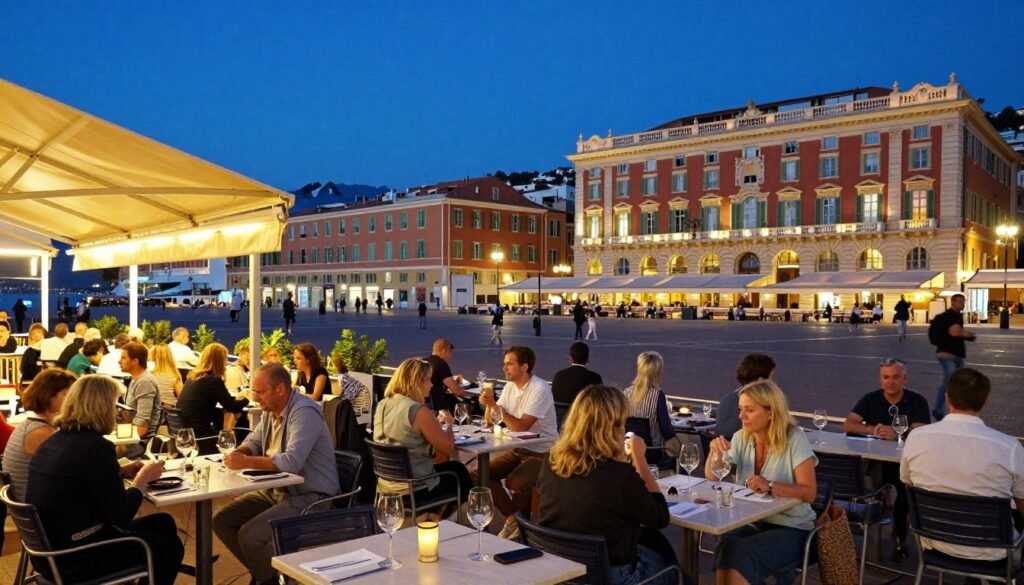 Evening atmosphere in Place Garibaldi with outdoor cafes, lighting and people enjoying Nice's nightlife - things to do in Nice