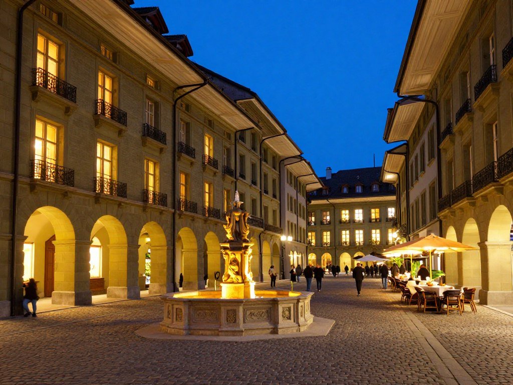 The Best Things to Do in Bern 19 Evening illuminated Old Town Bern with lit fountains and arcades