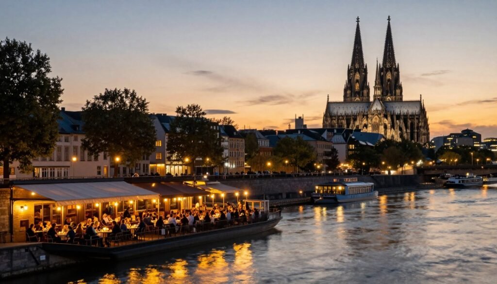 Evening view of Rhine River with illuminated restaurants and Cologne Cathedral