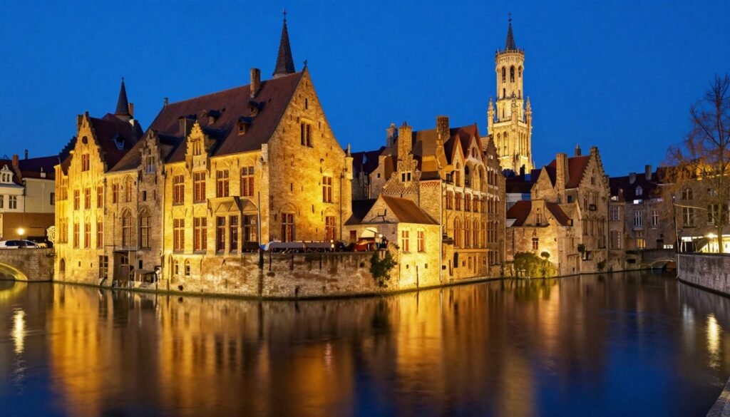 The Best Things to Do in Bruges 7 Evening view of illuminated buildings along a Bruges canal