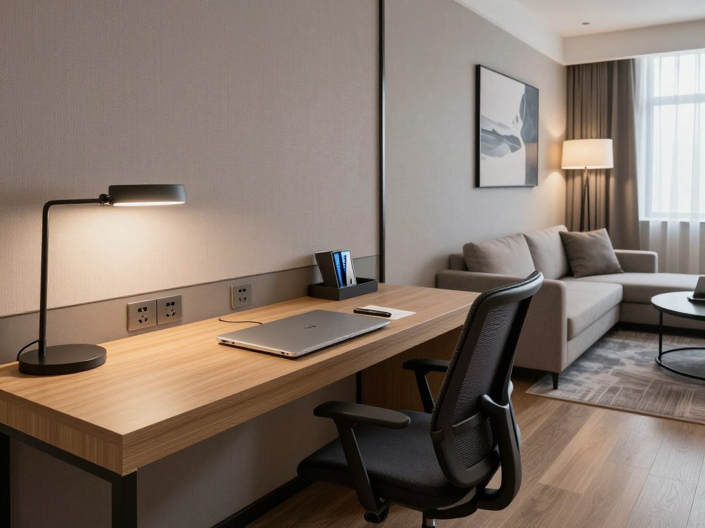 Executive room at business hotel with large work desk and ergonomic chair