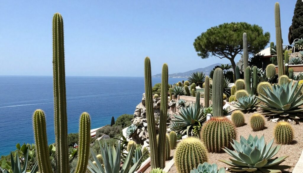 Exotic Garden of Monaco with cacti and sea views