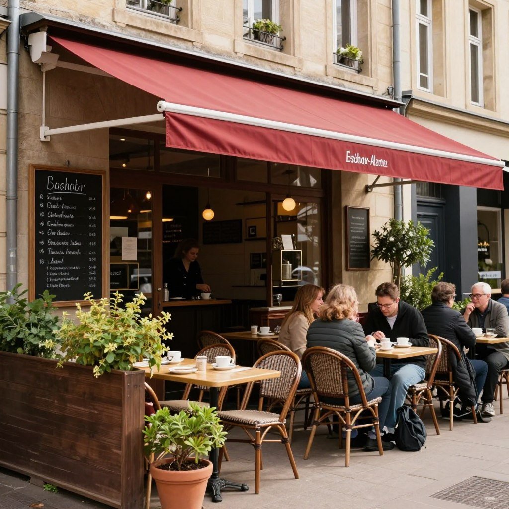 Exterior of local cafe in Esch-sur-Alzette with outdoor seating and awning