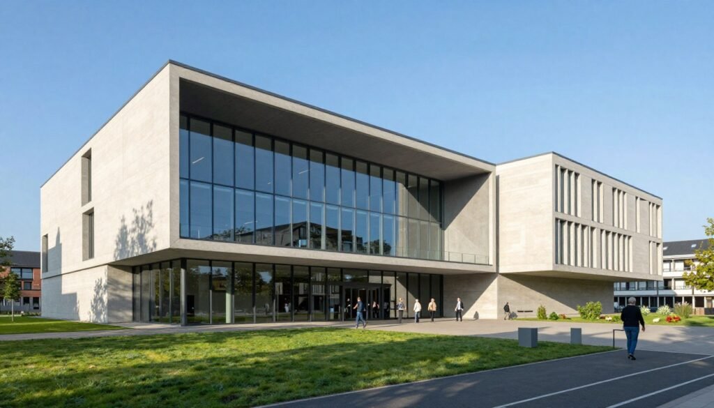 Exterior of modern museum building with glass facade and green landscaping
