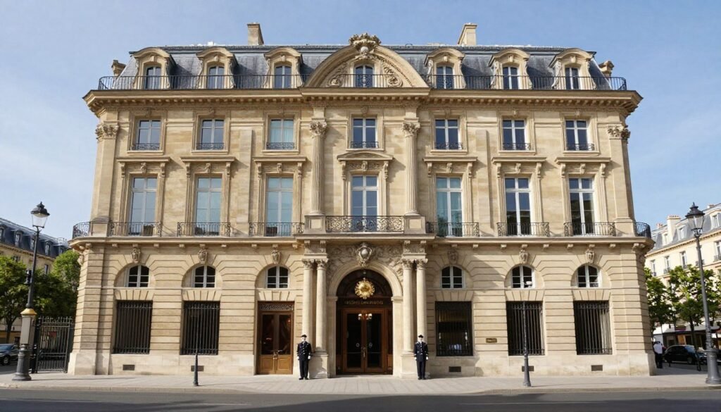 Exterior view of Le Meurice hotel in Paris showing its elegant façade on Rue de Rivoli with the Tuileries Gardens visible across the street