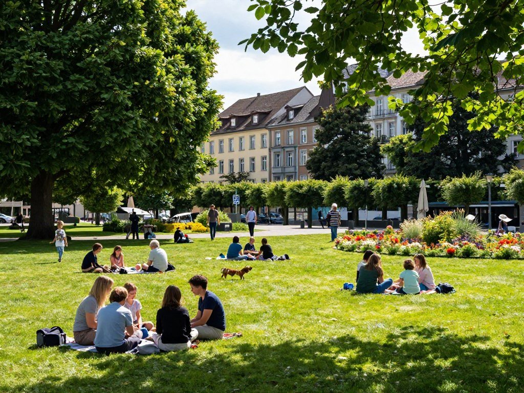 Families relaxing in Schaan City Park with green lawns and trees
