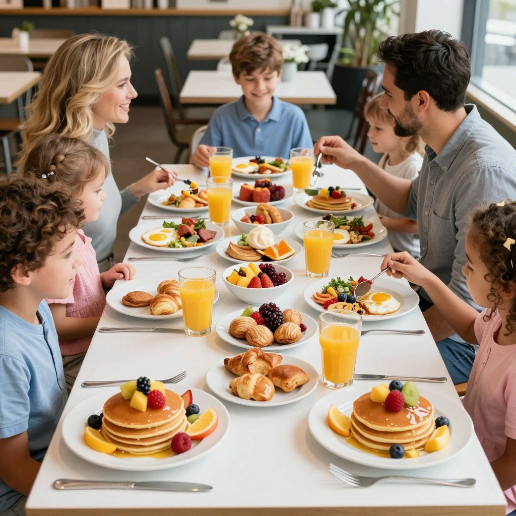 Family brunch spread with pancakes and kid-friendly options