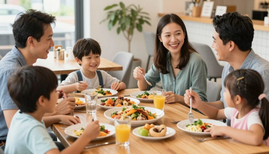 Family enjoying meal together at Geneva restaurant