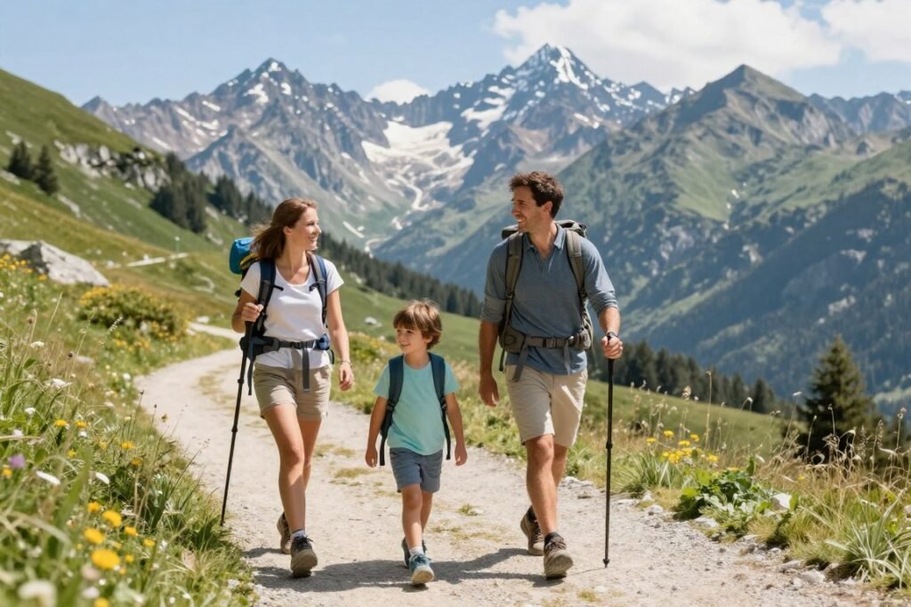 The Best Hotels in Vaduz 15 Family hiking on mountain trail near Vaduz