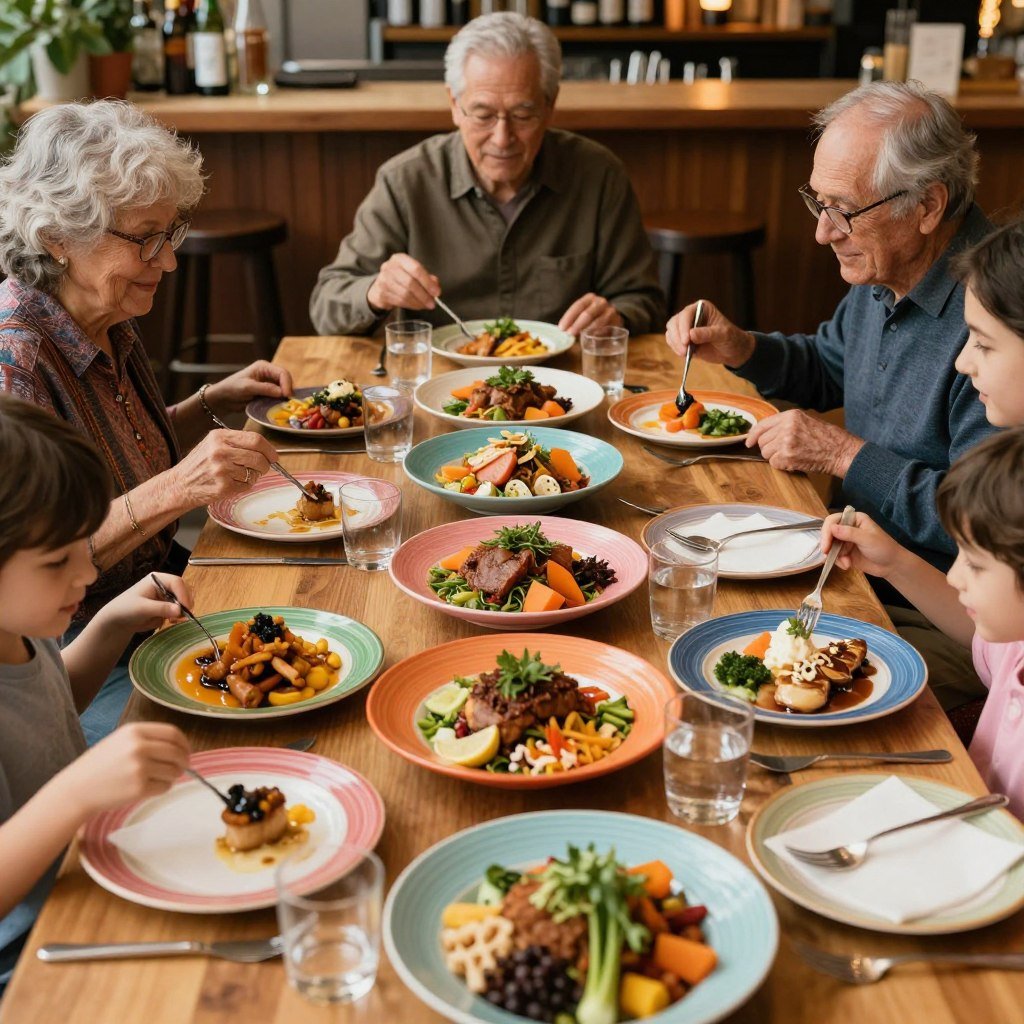 Family sharing international cuisine dishes