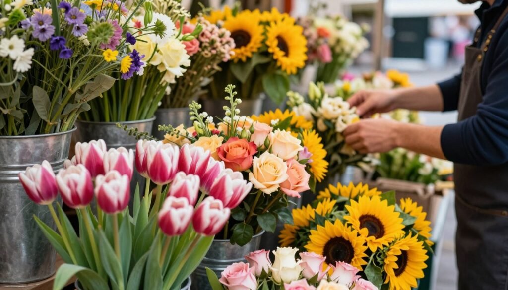 Flower vendor stall with colorful seasonal blooms