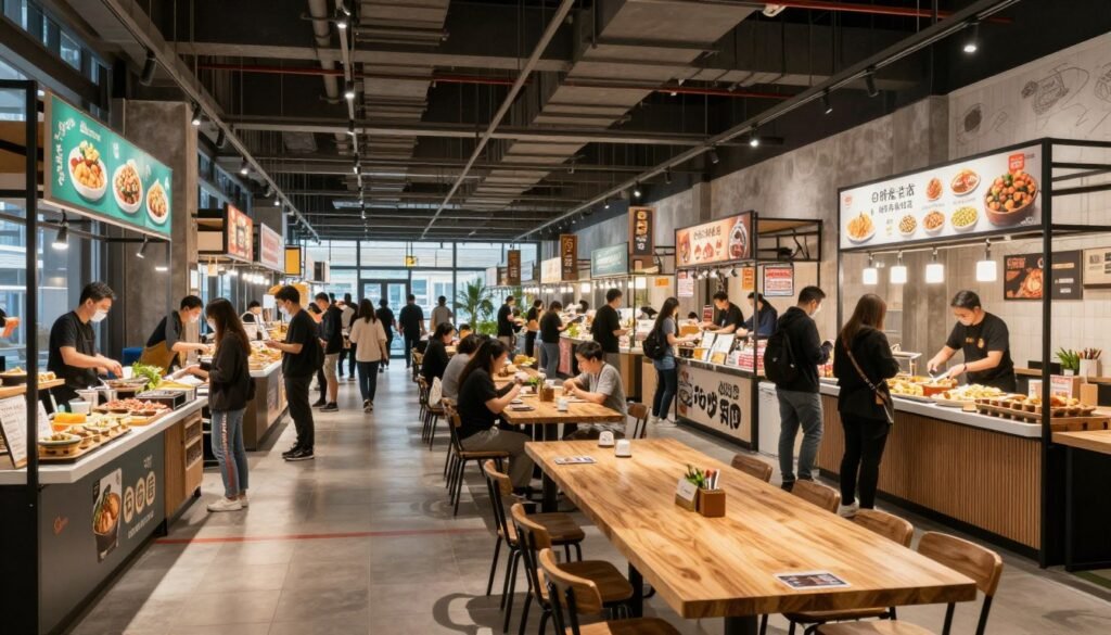 Food hall with multiple vendor stalls and communal seating