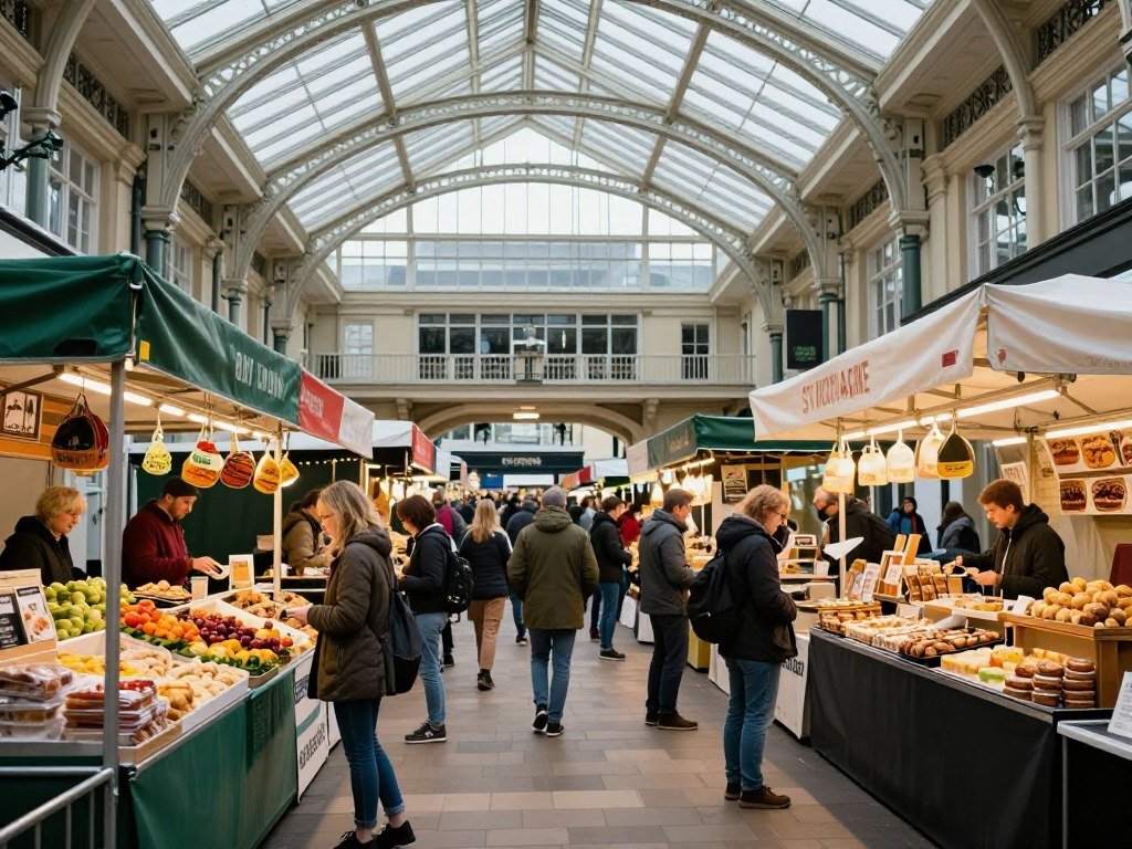 Food stalls at St Nicholas Market in Bristol offering diverse cuisine