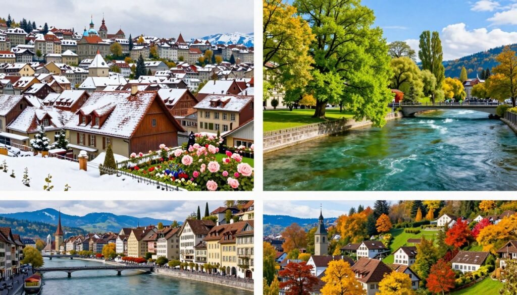 Four seasons collage of Bern showing different times of year