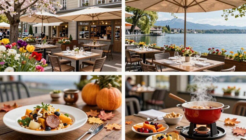 Four seasons collage of Geneva dining scenes