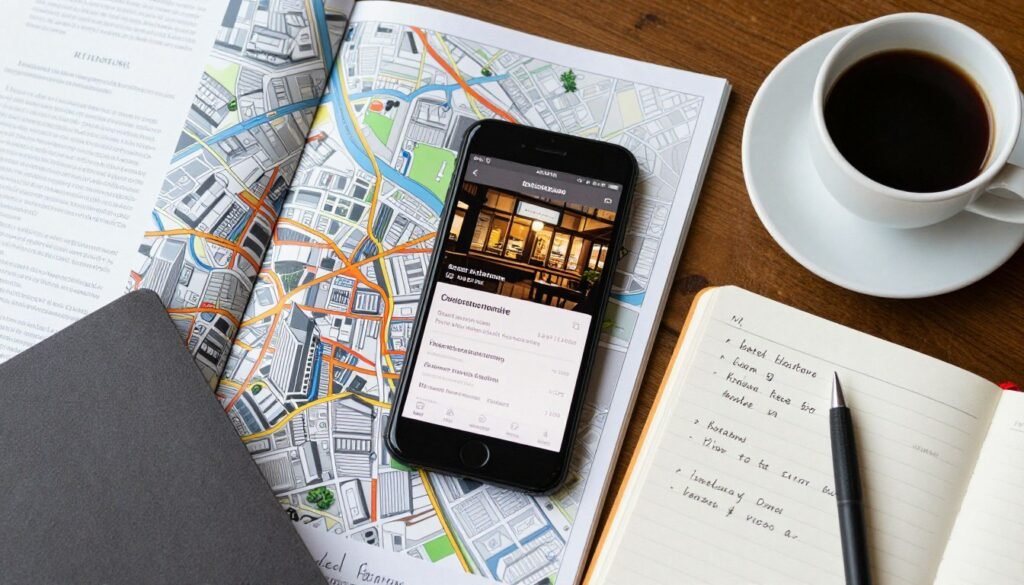 Frankfurt dining guide planning with smartphone and city map