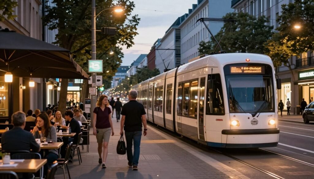 Frankfurt public transportation tram in dining district
