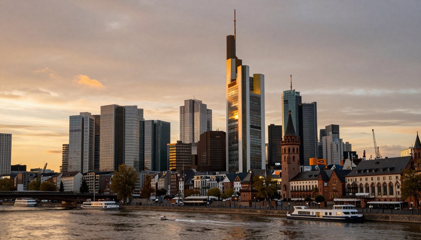 Frankfurt skyline with modern skyscrapers and old town along Main River at sunset