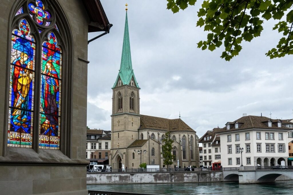 Fraumünster Church with distinctive green spire and Chagall windows