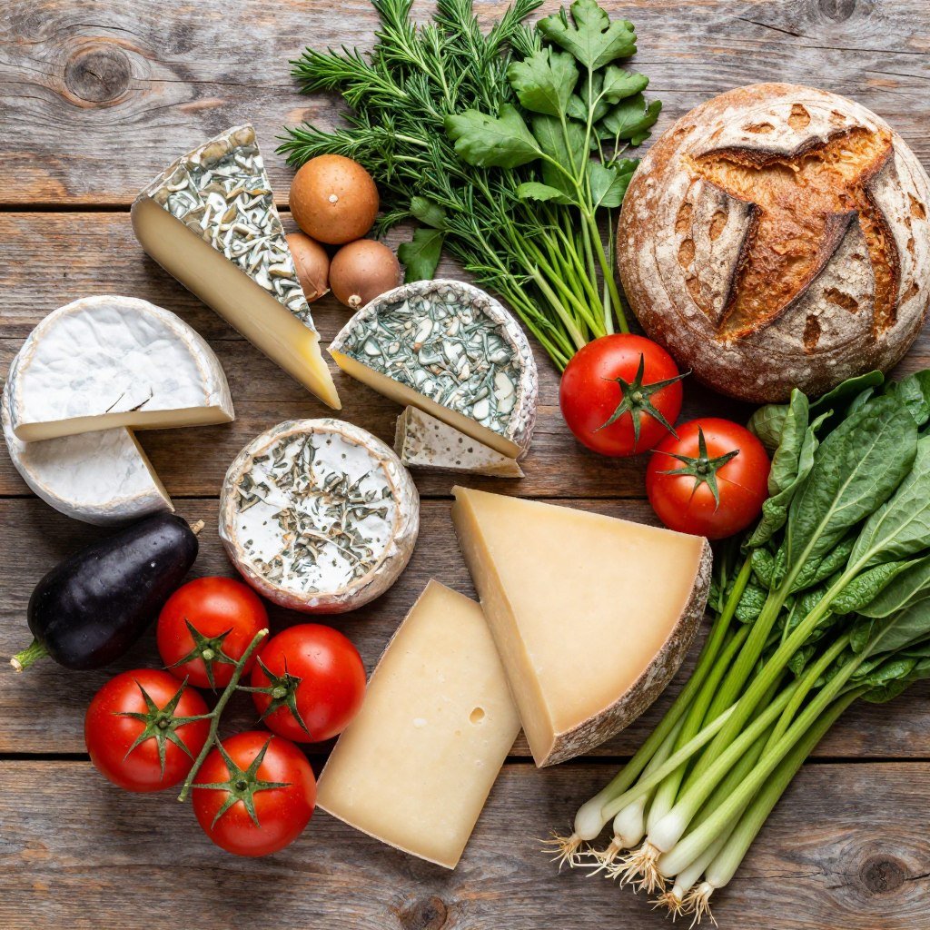 Fresh local ingredients used in Schaan restaurants including Alpine cheese and herbs