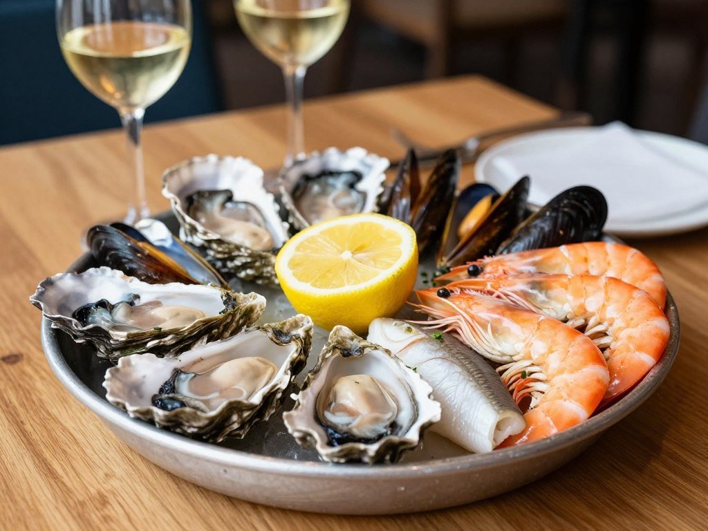 Fresh seafood platter at a restaurant in Haarlem Netherlands with oysters, shrimp and fish